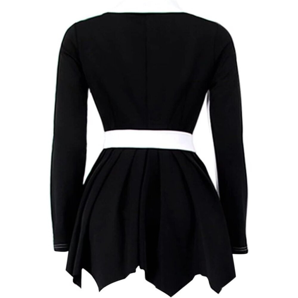 Women White Two Tone V Neck Double Breasted Peplum Belted Blazer Mini Dress - Picture 5 of 5